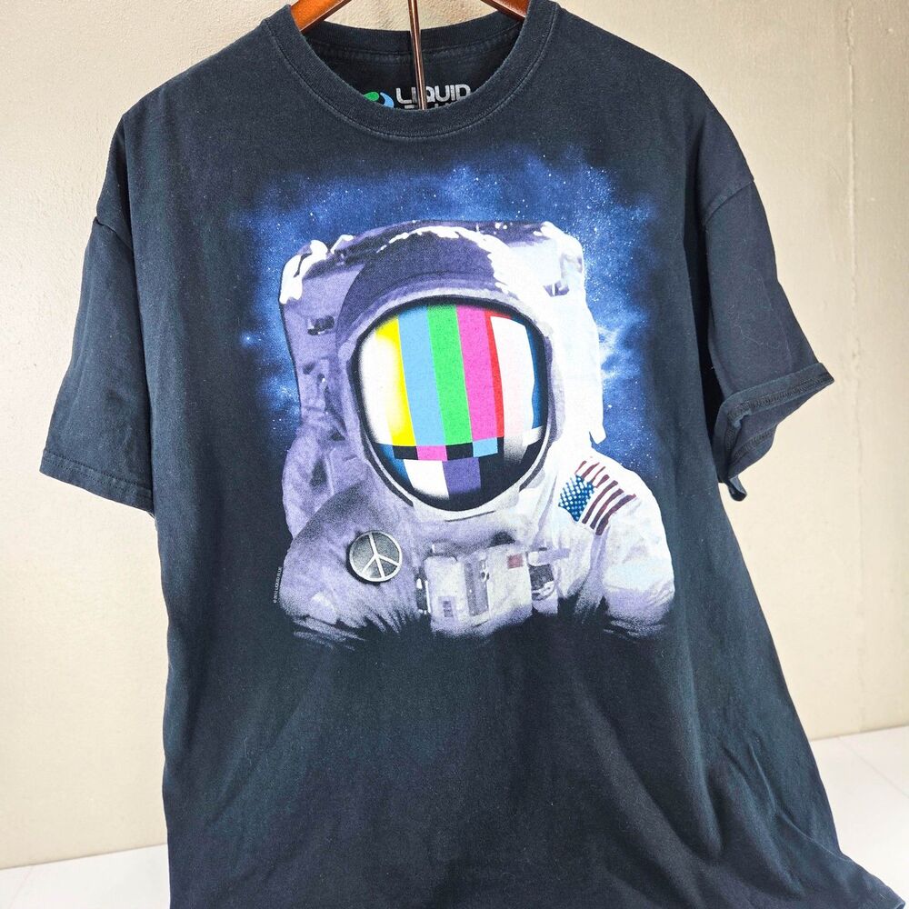 Liquid Blue Astronaut TV Test Pattern Graphic T-Shirt XL Black Space Tee